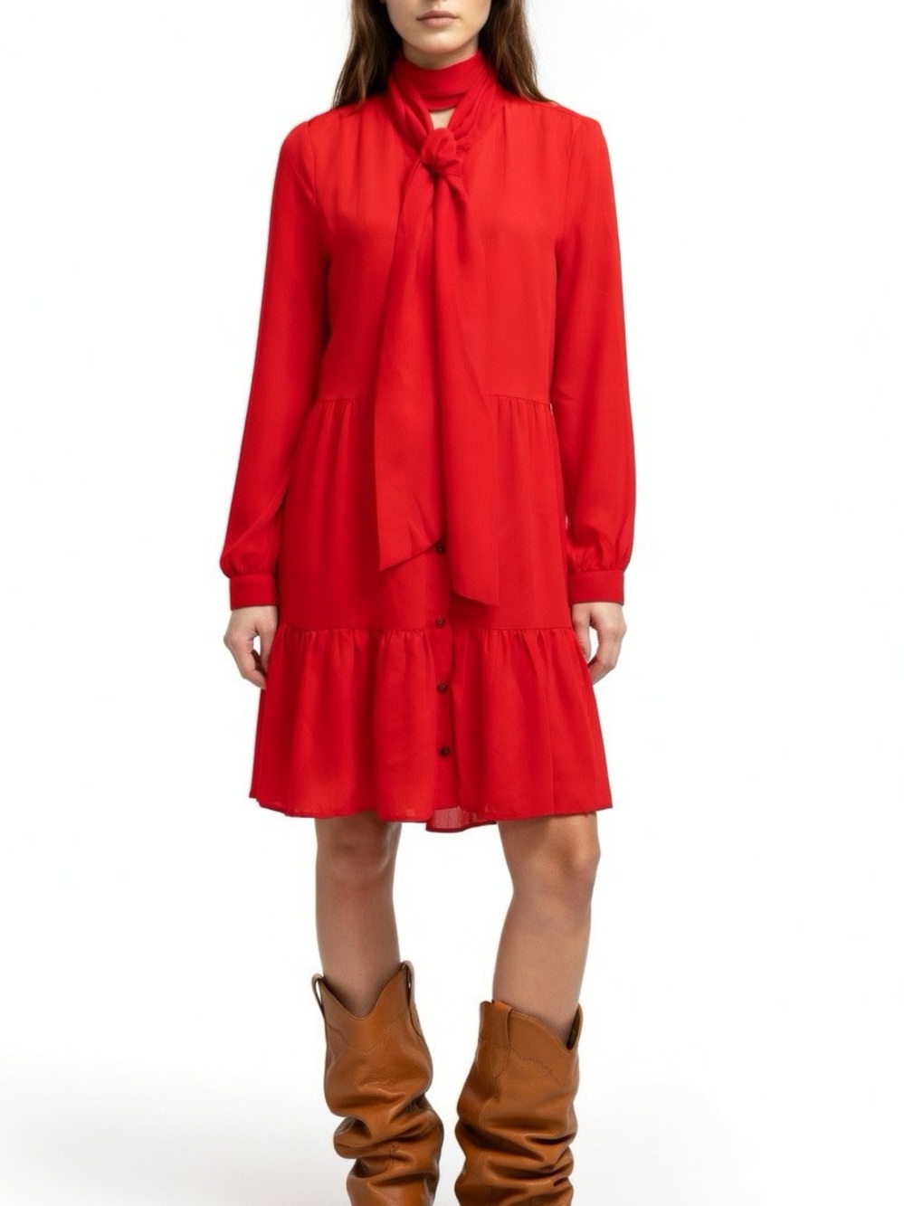 Molly Bracken Red Tie-Neck Button Long Sleeve Tiered Dress